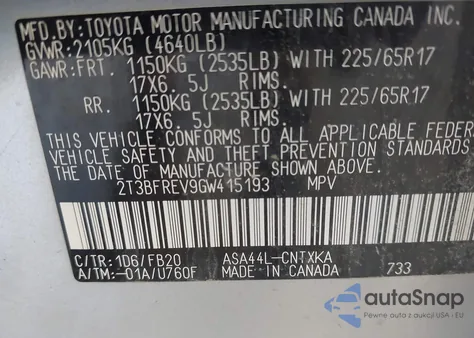 2016 Toyota Rav4 Le z USA, uszkodzony, nr VIN 2T3BFREV9GW415193